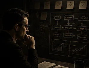A consultant studying a wall of diagrams and charts