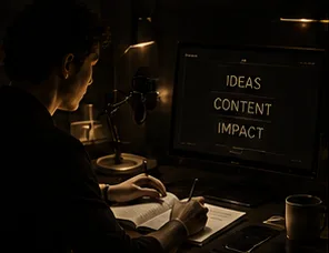 A creator writing at a desk in front of a screen that reads Ideas, Content, Impact