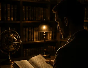 A reader with an open book in a library lit by a lamp