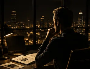 A founder at a desk at night, looking out over a city skyline