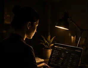 An operator working on a laptop under a desk lamp