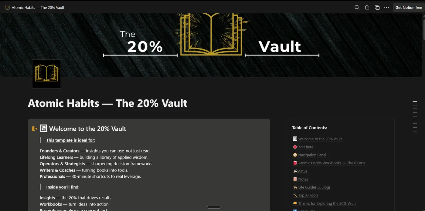 The Atomic Habits Vault home page in Notion, with the welcome section and table of contents